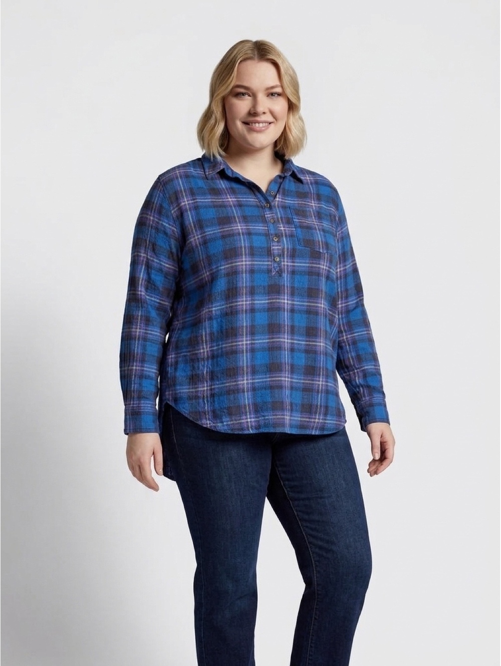 Anthropologie Blue Plaid Button-Up Blouse Size XL